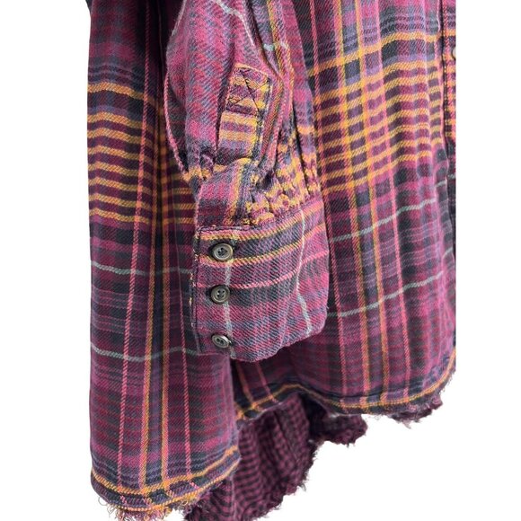 Free People Wine Plaid Button-Down Shirt Fray Long Sleeve Large L NWT New - Picture 5 of 9